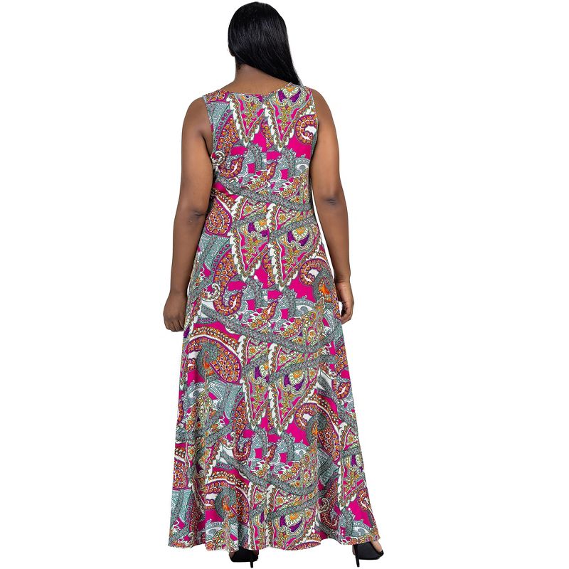 24seven Comfort Apparel Plus Size Pink Paisley Print Scoop Neck A Line Sleeveless Maxi Dress, 3 of 7