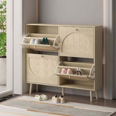 KTMBDW Natural Rattan 4 Flip Door Shoe Cabinet Organizer Freestanding, Modern Shoe Rack Storage Organizer for Entryway, Closet, Hallway