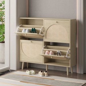 KTMBDW Natural Rattan 4 Flip Door Shoe Cabinet Organizer Freestanding, Modern Shoe Rack Storage Organizer for Entryway, Closet, Hallway - 1 of 4