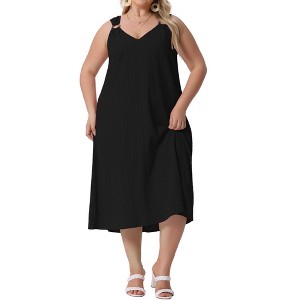 Agnes Orinda Women's Plus Size Elegant Texture V-Neck Sleeveless Pleated Back Midi Dress - 1 of 4