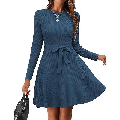 Zeagoo Women's Fall Winter Casual Dress Crewneck Long Sleeve A-Line Sweater Dress Bodycon Ribbed Knit Dress with Belt