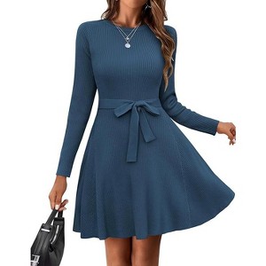 Zeagoo Women's Fall Winter Casual Dress Crewneck Long Sleeve A-Line Sweater Dress Bodycon Ribbed Knit Dress with Belt - 1 of 4