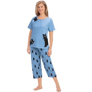Collections Etc 2-Piece Curious Kittens Short Sleeve Capris Pant Pajama Set - 1 of 4