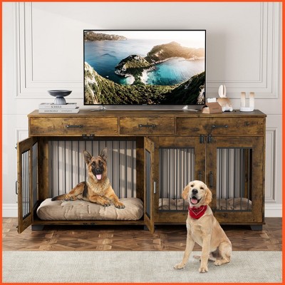 71" Large Dog Crate for 2 Dogs, Wooden Double Dog Crate with 3 Drawers