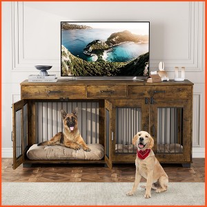71" Large Dog Crate for 2 Dogs, Wooden Double Dog Crate with 3 Drawers - 1 of 4