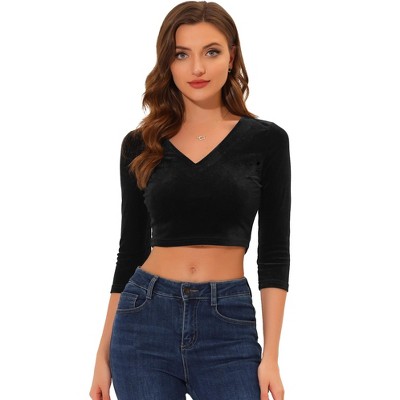 Allegra K Women's Velvet V Neck 3/4 Sleeve Solid Crop Top Black X