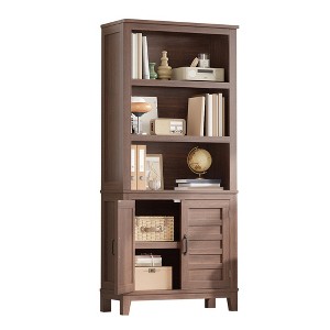 71 Inch 5-Tier Farmhouse Bookshelf with Doors & Adjustable Shelves, Narrow Storage Cabinet for Small Spaces, Apartments, Brown - 1 of 4