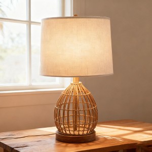 Maxax 26" Rattan Table Lamp, 2-Way Dimmable Bedside Lamp with USB A & C Charging Ports for Nightstand or End Table - 1 of 4