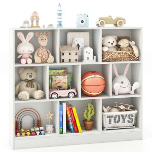 Costway 10-Cube Bookcase for Kids 41"Wooden Toy Storage Organizer for Kid’s Room White/Natural - 1 of 4