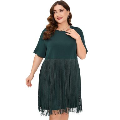 Coolmee Women's Casual Plus Size Midi Dress Round Neck Short Sleeve Fringe Hem Dress Dresses 2XL Dark Green