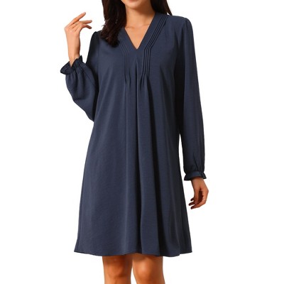 INSPIRE CHIC Women's Casual Knee Length Long Sleeve V Neck Pleated Flowy Shirt Dress