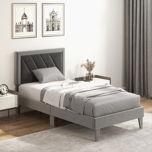 Infans Twin Size Bed Frame Upholstered Platform Velvet Headboard Wooden Slats Gray - 1 of 4