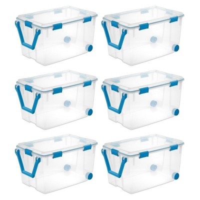 Sterilite Multipurpose 120 Quart Clear Plastic Home or Office Storage Container Tote Box Set with Secure Gasket Latching Lid and Wheels, 6 Pack