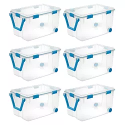 Sterilite 120 Quart Clear Plastic Wheeled Storage Container Box Bin with Air Tight Gasket Seal Latching Lid Long Term Organizing Solution, 6 Pack