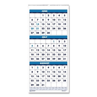 Academic Year Recycled Three-Month Format Wall Calendar, Vertical: 8 x 17, White Sheets, 14-Month: June 2025 to July 2026