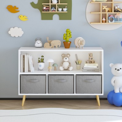 INFURNIC Decorative Bookshelf Kids Bookcase Book Display, Toy Storage Cabinet Organizer With Collapsible Fabric Drawers, Gray, 35.43"*11.02"*23.62"