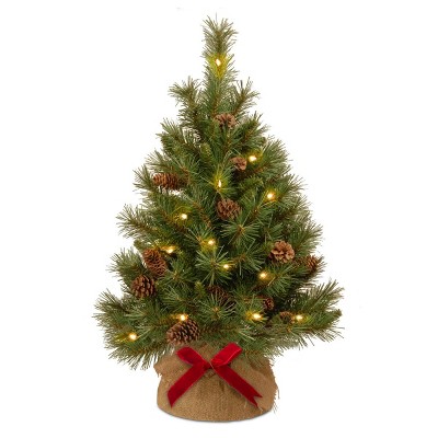 3ft Pre-Lit Pine Cone Christmas Tree with LED Lights, Flocked Artificial Pine in Burlap Base for Tabletop