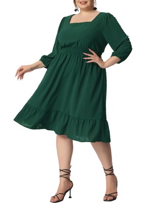 Agnes Orinda Women's Plus Size Square Neck Swiss Dots Wedding Empire Waist Ruffle Hem Chiffon Midi Dresses