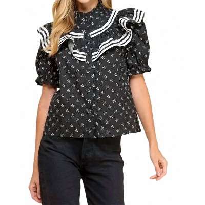 Women's Floral Ruffle Detail Button Up Top - TCEC
