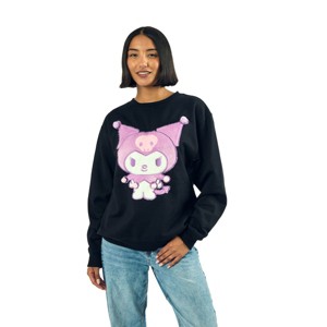 Kuromi Big Face Plush Character Women's Black Crew Neck Long Sleeve Oversized Fleece Sweatshirt - 1 of 4