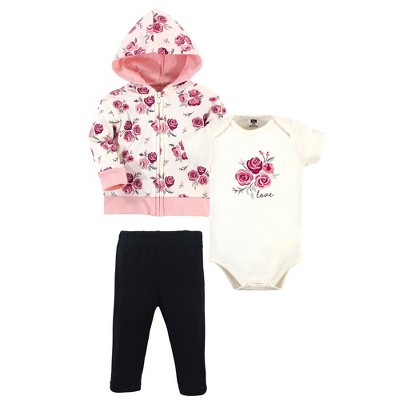 Image of Hudson Baby Infant and Toddler Girl Cotton Hoodie, Bodysuit or Tee Top and Pant Set, Rose Baby, 9-12 Months