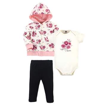 Hudson Baby Infant and Toddler Girl Cotton Hoodie, Bodysuit or Tee Top and Pant Set, Rose Baby