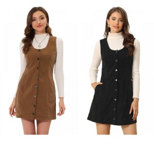 INSPIRE CHIC Women's Corduroy Button Down Scoop Neck Pockets Casual Pinafore Overall Dress 2 Packs - 1 of 4