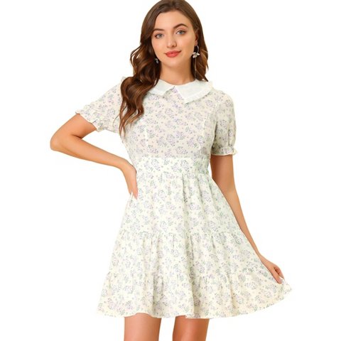 Женские платья INSPIRE CHIC Women's Fit and Flare Peter Pan Collar Floral Dress White Small