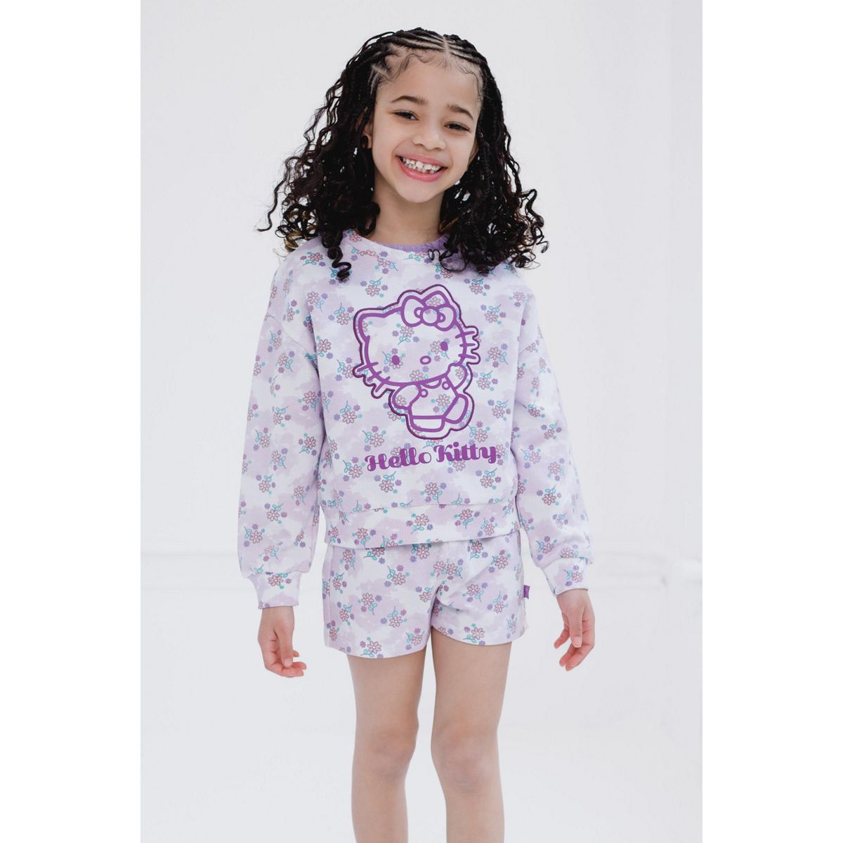 Hello Kitty Girls French Terry Drop Shoulder Pullover Sweatshirt, Ribbed T-Shirt and Shorts 3 Piece Outfit Set Little Kid to Big Kid - thumbnail 2