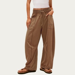 Anna-Kaci Women’s Soft Wide Leg Pants with Cargo Style Seam Detailing Adjustable Drawstring Waistband and Relaxed Stretch Fit - 1 of 2