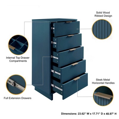 Midnight Blue Vertical 5-Drawer Dresser with Soft Close