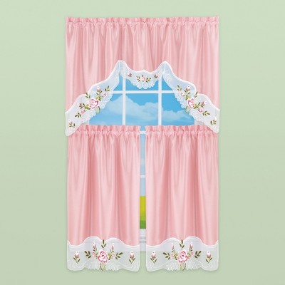 Rose Embroidered Sheer Polyester 36" Tier Curtains