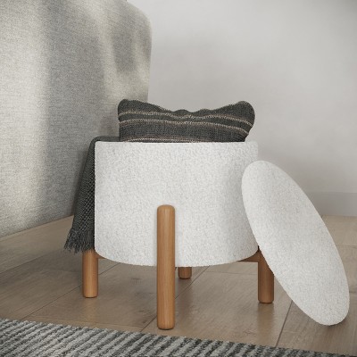 White Sherpa Plush Round Storage Ottoman with Padded Lid
