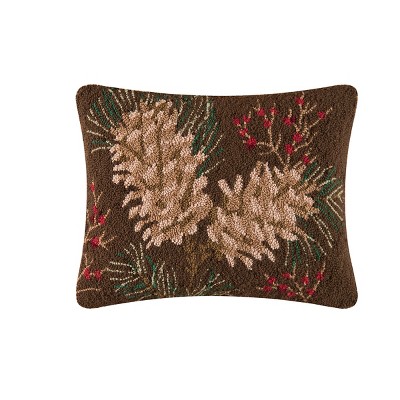 Holly and Berries Hand-Hooked Wool Throw Pillow on Red Background
