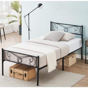 Whizmax Black Twin Size Bed Frame with Storage, Metal Bed Frame with Vintage Pattern Headboard and Footboard, Mattress Foundation, Easy Assembly
