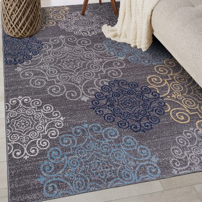 Gray and Blue Tufted Synthetic Rectangular Area Rug