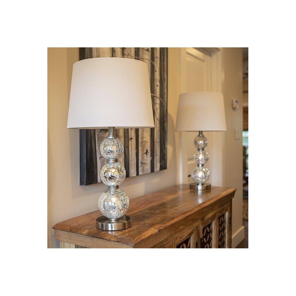 Decor Therapy (Set of 2) Tri-Tiered Glass Table Lamps: Crackle Finish, Linen Shades, UL Listed