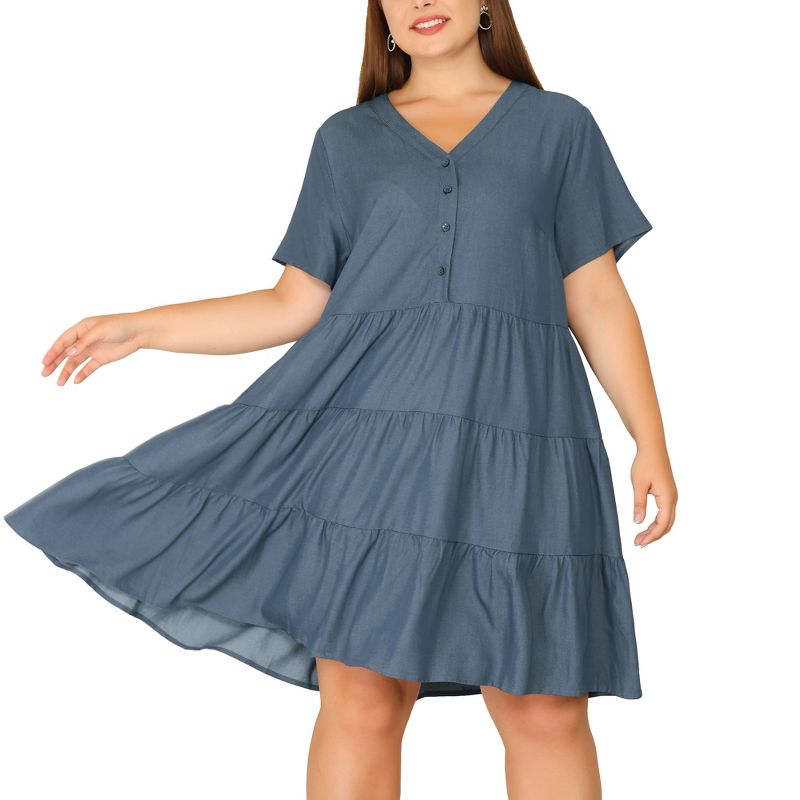 Agnes Orinda Women's Plus Size Tiered V Neck Short Sleeve Summer Casual Buttons T-Shirt Dresses, 2 of 7