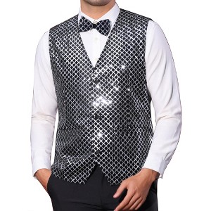 Lars Amadeus Men's V-Neck Party Dress Prom Nightclub Shiny Sleeveless Argyle Sequin Vest - 1 of 4