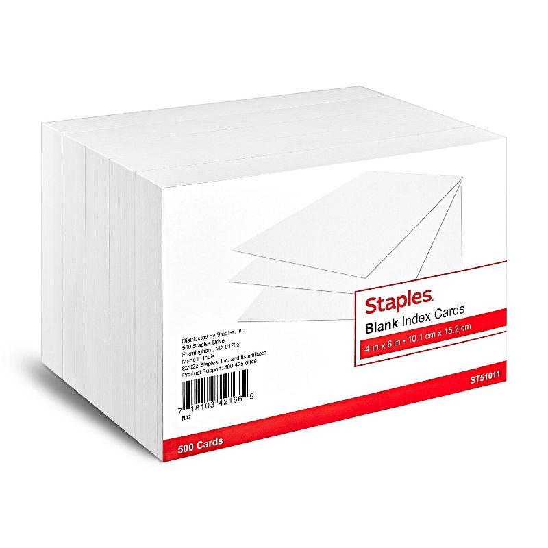 Staples Blank 4" x 6" Index Cards White 500/Pack (51011) 233502, 1 of 6