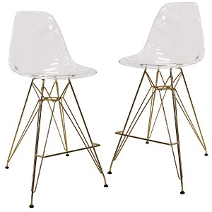 LeisureMod Cresco Modern Acrylic Bar Stool – Gold Steel Base and Footrest Counter Height Chair for Kitchen, Breakfast Bar, or Dining Area Set of 2 - 1 of 4