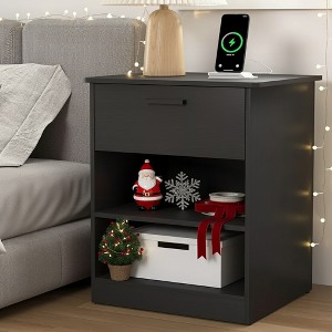 Resenkos Wood Nightstand With Charging Station, Bedside Table With Wood Drawers And Open Shelf, Night Stand With Storage For Bedroom, Black - 1 of 4