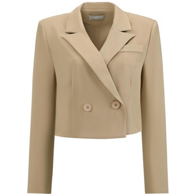 Hobemty Women Cropped Double Breasted Notched Lapel Full Lined Long Sleeve Semi Formal Suit Jacket