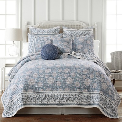Adare Blue and White Cotton Floral Full/Queen Quilt Set