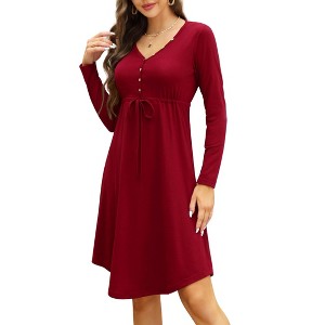 Women's High Waist Drawstring Dress Casual V-Neck Pleated Button Down Long Sleeves Knee Length Midi Dresses - 1 of 4