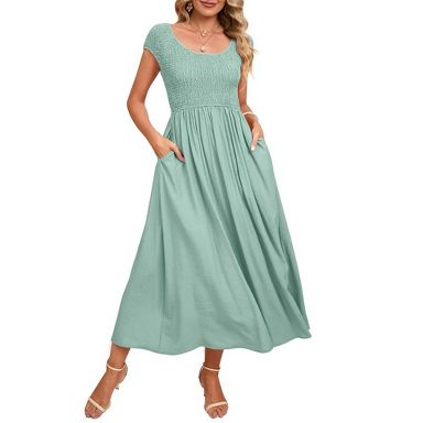 Women's Summer Dress Casual Round Neck Short Sleeve Smocked High Waist Maxi  Dress with Pockets Sage Green XXL : Target