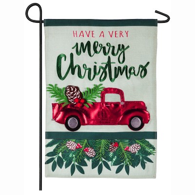 Evergreen Flag  Holiday Red Truck  Garden Linen Flag