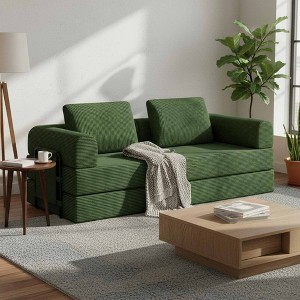 QingMoon Convertible Sleeper Sofa Bed, Corduroy Folding Mattress Couch, 3-Seat Floor Sofa with Pull Out Bed and Cylindrical Pillow for Living Room - 1 of 4