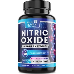 Extra Strength Nitric Oxide Supplement 3X Strength L Arginine, Citrulline Malate, AAKG, Beta Alanine - 60 Capsules By Health Nutrition Naturals - 1 of 4