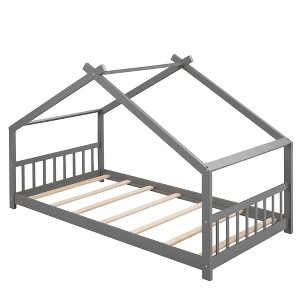 CLIHOME Twin Size House Bed Pine Wood Bed Playhouse Children Bed Frame With Fence - 1 of 4